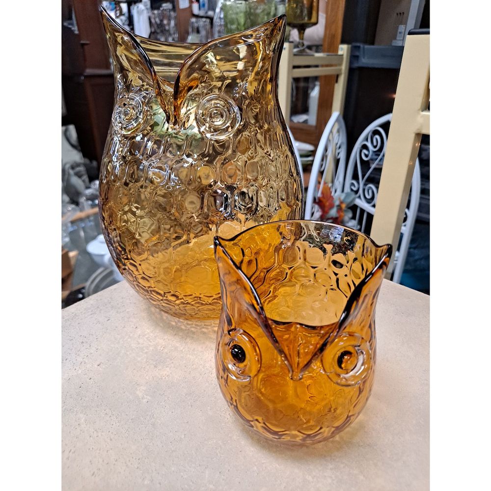 Hand-blown Pair Trautman Art Glass Vintage Amber Owls